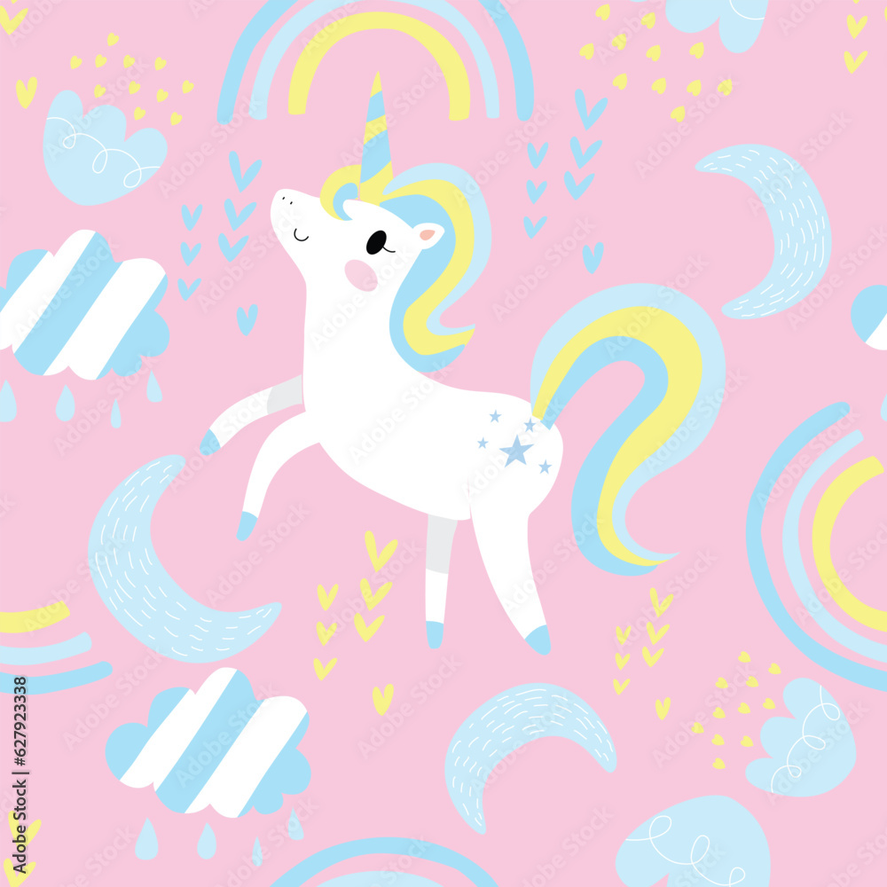 Fototapeta premium Seamless Pattern with Cartoon Unicorn Design on Pastel Pink Background