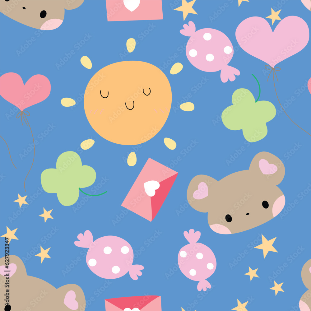 Seamless Pattern with Cartoon Design on Pastel Blue Background Seamless Pattern with Cartoon Design on Pastel Blue Background