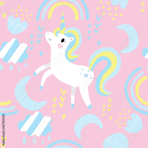 Fototapeta Naklejka Na Ścianę i Meble -  Seamless Pattern with Cartoon Unicorn Design on Pastel Pink Background