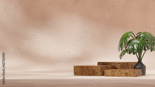 Fototapeta Naklejka Na Ścianę i Meble -  rendering 3d empty scene square wooden podium in landscape with green potted plant