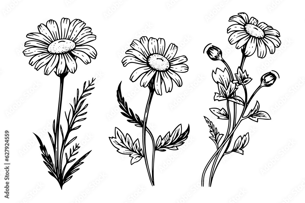 Hand drawn chamomile ink sketch. Daisy bouquet engraving vector illustration. - obrazy, fototapety, plakaty 