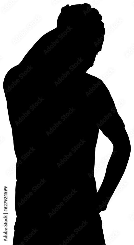 Digital png silhouette image of man touching his head on transparent background Digital png silhouette image of man touching his head on transparent background
