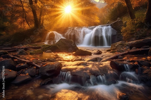 Golden Glow Waterfall: Serene Scene with Soft Lighting