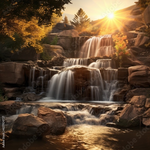 Golden Glow Waterfall: Serene Scene with Soft Lighting © hisilly