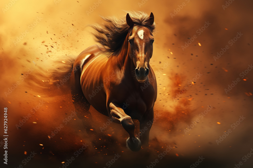 Front view brown graceful beautiful horse galloping in the dust. Animal illustration picture.
