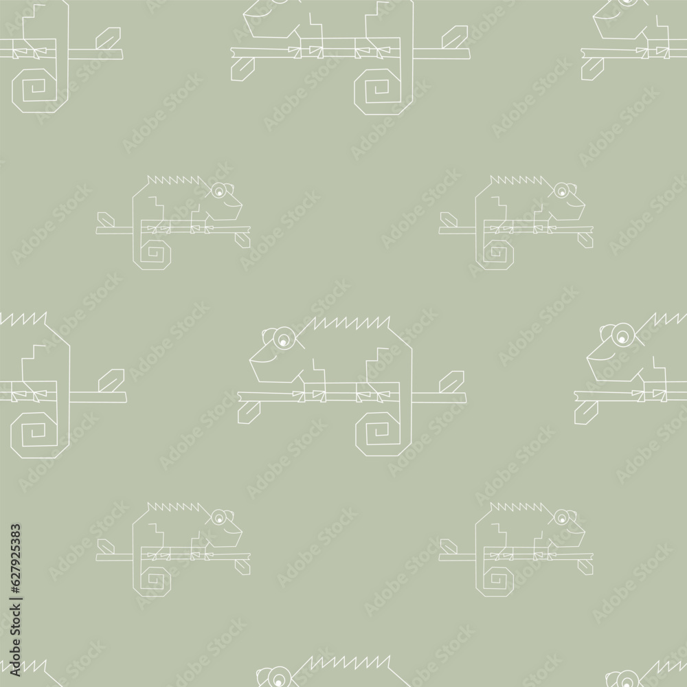 seamless repeat pattern with simple white chameleons on a sage green background perfect for fabric, scrap booking, wallpaper, gift wrap projects