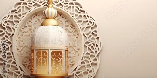 Arabic islamic elegant white and golden luxury ornamental background with decorative lantern, Generative ai