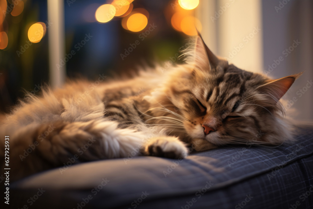 Siberian cat lying on sofa at home in front of Christmas lights. Generative ai