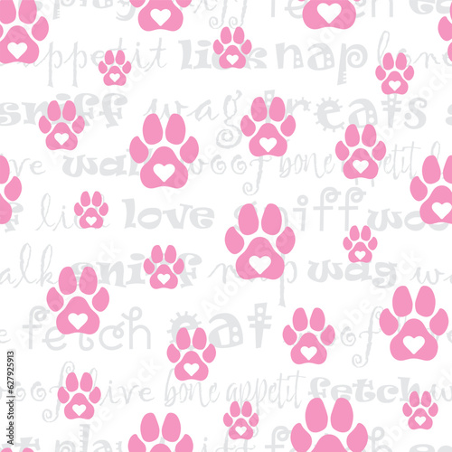 seamless repeat pattern with cute pink dog paws with hearts on a words textured background perfect for fabric, scrap booking, wallpaper, gift wrap projects