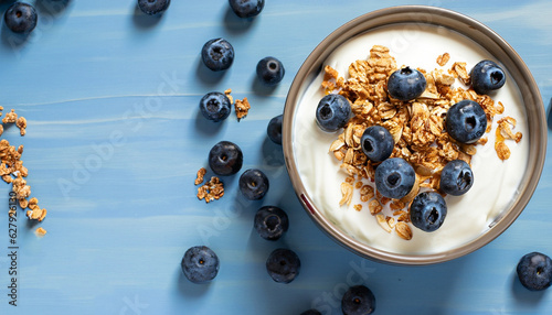 Greek yogurt granola and blueberries on blue table top view. Healthy food nutrition, snack or breakfast. photo