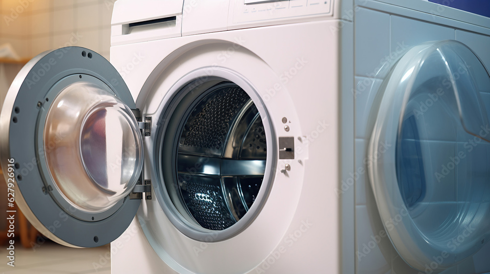 The bathroom features an open washing machine, offering a convenient laundry solution. The bathroom features an open washing machine, offering a convenient laundry solution.