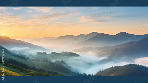 A breathtaking sunrise paints the mountain landscape, with a blanket of white fog below, creating a stunning panorama.