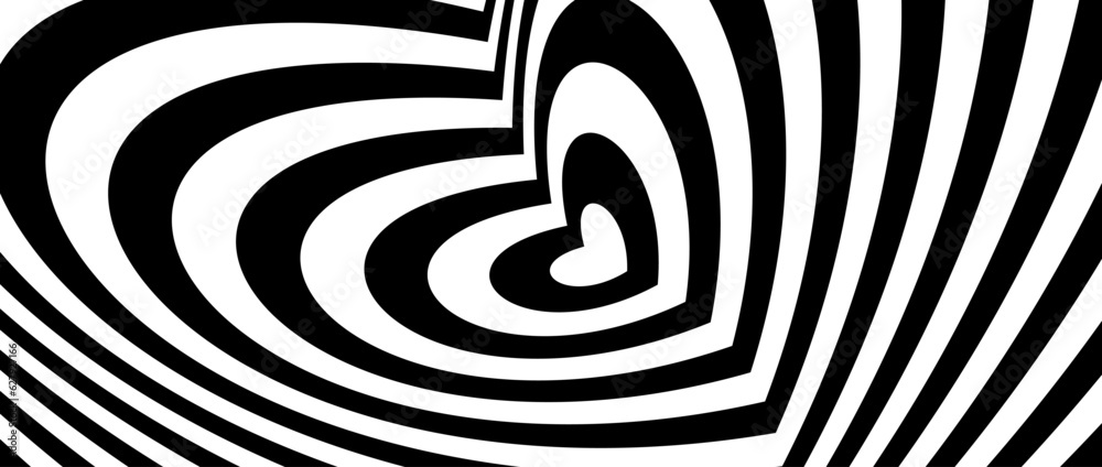 Abstract hypnotic tunnel heart background. Black and white optical illusion pattern. Heart-shaped op art design for poster, banner, template. Vector horizontal illustration wallpaper Abstract hypnotic tunnel heart background. Black and white optical illusion pattern. Heart-shaped op art design for poster, banner, template. Vector horizontal illustration wallpaper