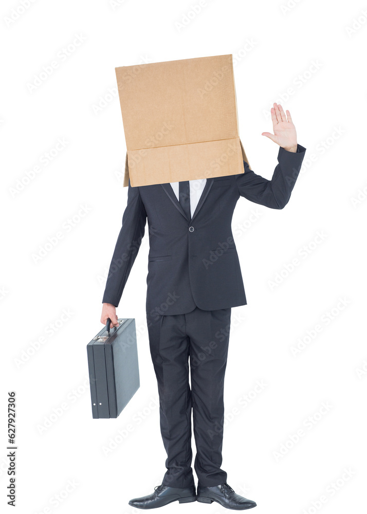 Digital png photo of caucasian businessman with box on head on transparent background Digital png photo of caucasian businessman with box on head on transparent background