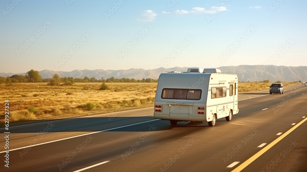 A caravan or recreational vehicle motor home trailer is seen traveling on a freeway road, exploring the open road.