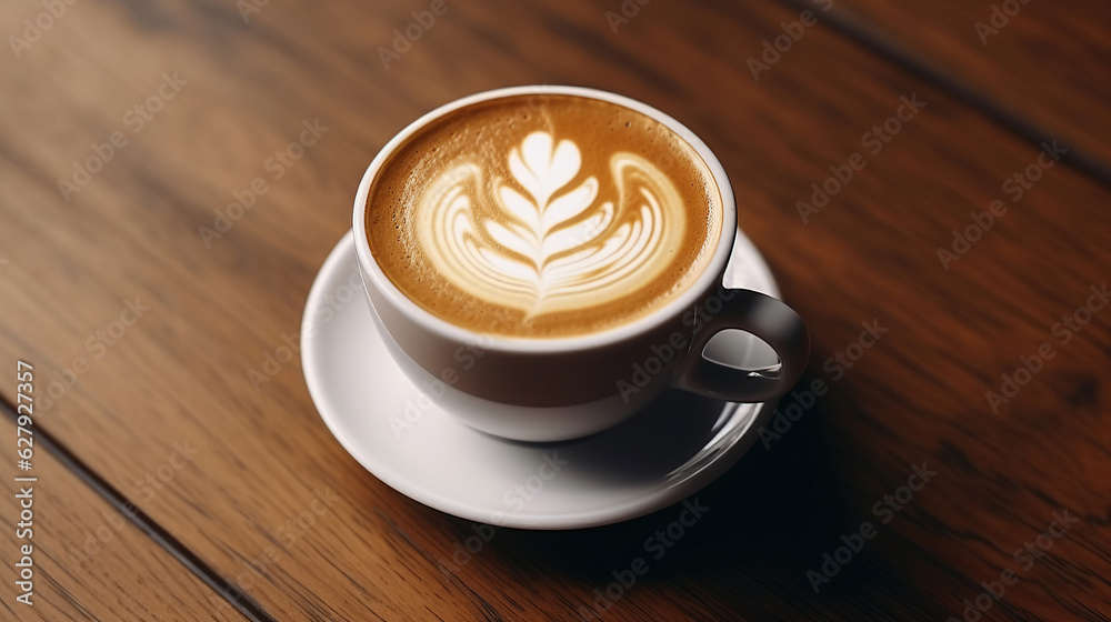 The warm tones of the wood table enhance the cozy ambiance around the latte. The warm tones of the wood table enhance the cozy ambiance around the latte.