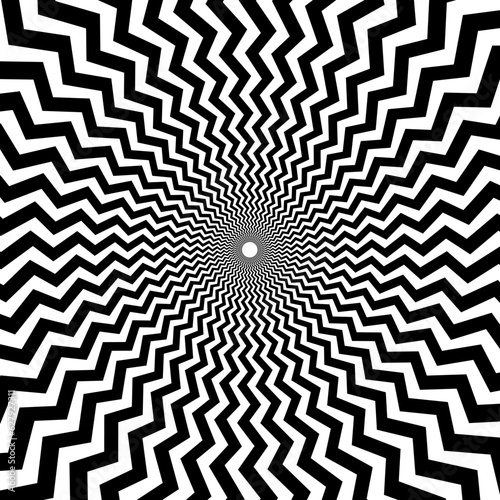 Optical illusion background. Black and white abstract distorted zigzag lines surface. Radial poster design. Hypnotic illusion wallpaper. Vector ornamental illustration