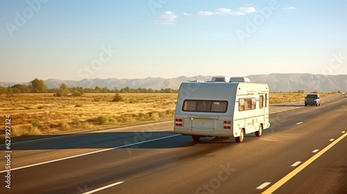 A caravan or recreational vehicle motor home trailer is seen traveling on a freeway road, exploring the open road. © rorozoa