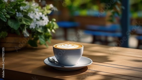 A cup of coffee latte with beautiful latte art is placed on a wooden table.