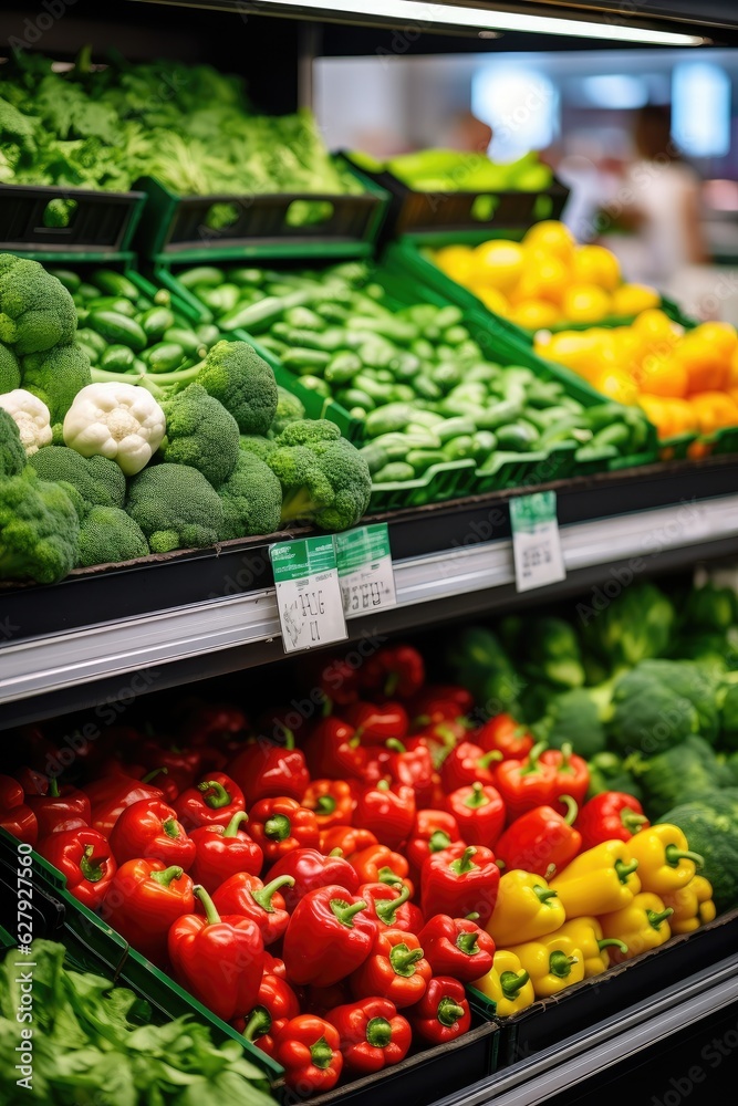 Super fresh vegetables on shelf in market store. Generative AI