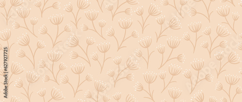 Seamless floral beige pattern. Simple botanical ditsy repeating background. Natural vintage rural wallpaper. Nude colored print for textile and fabric. Vector illustration.