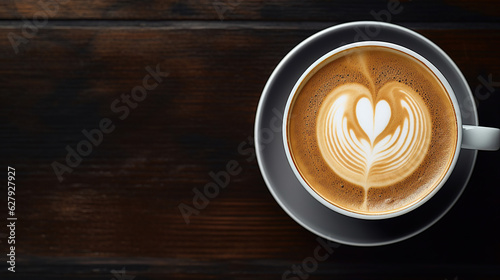 A cup of coffee latte with beautiful latte art sits on a wooden table.
