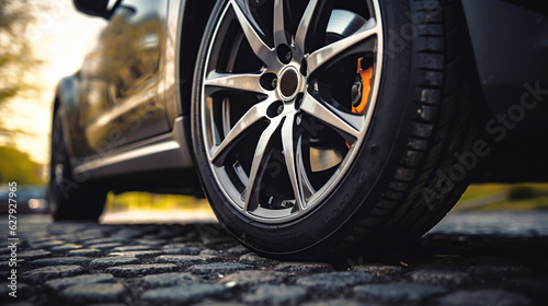 This close-up shot focuses on the car wheel's black rubber tire, highlighting its sturdy construction and reliable performance.