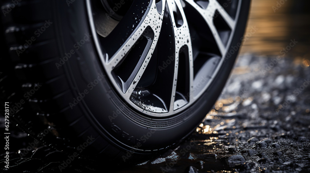 An up-close view of the car's wheel reveals the intricately designed black rubber tire, built for performance and durability. An up-close view of the car's wheel reveals the intricately designed black rubber tire, built for performance and durability.