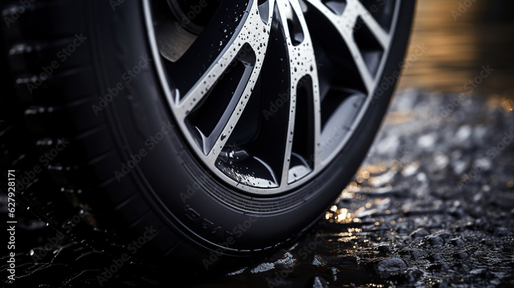 An up-close view of the car's wheel reveals the intricately designed black rubber tire, built for performance and durability.