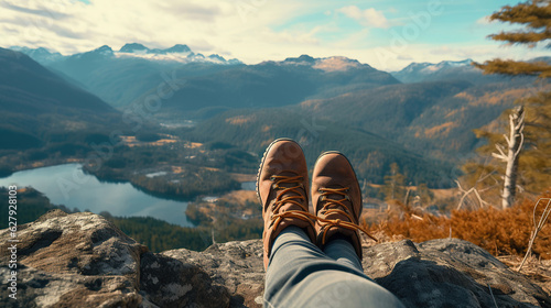The girl in hiking boots is having a blast, joyfully embracing the breathtaking mountain view.