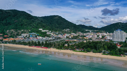 Aerial view of sea front hotels and apartments in Patong beach, Phuket island, Thailand.