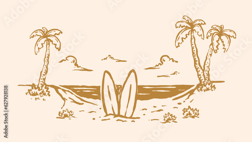 illustrarion of summer  on the beach with two surfboards stuck in the sand of the beach against the backdrop of the sea