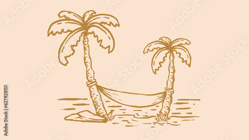illustration with a handrawn design showing a hammock hanging between two palm trees on a beach