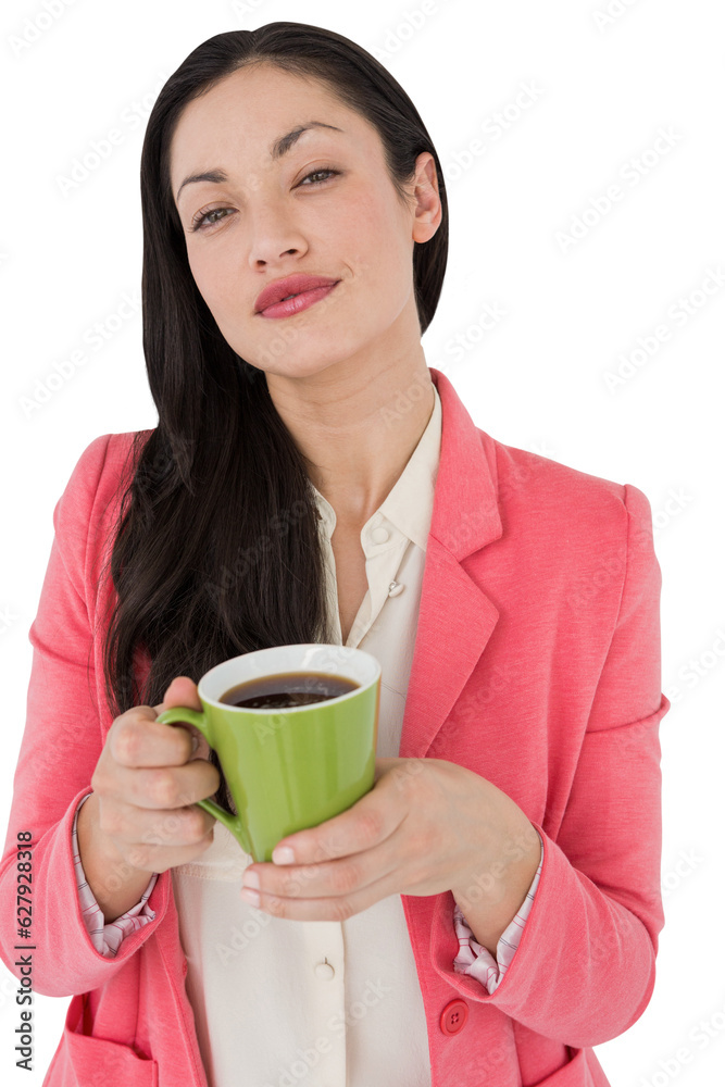 Digital png photo of happy asian businesswoman standing with cup of coffee on transparent background Digital png photo of happy asian businesswoman standing with cup of coffee on transparent background