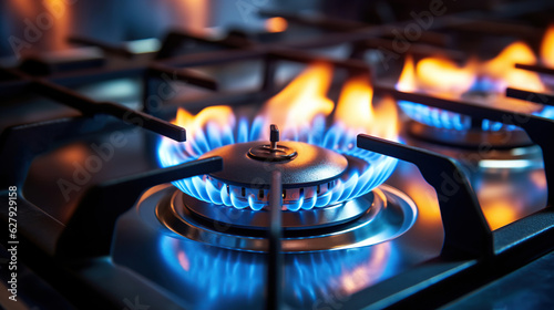 The gas stove emits a vibrant blue flame, indicating its efficient burning of propane gas.