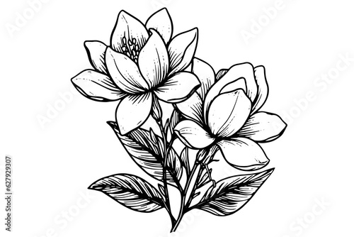 Hand drawn magnolia flower ink sketch. Engraving style vector illustration.