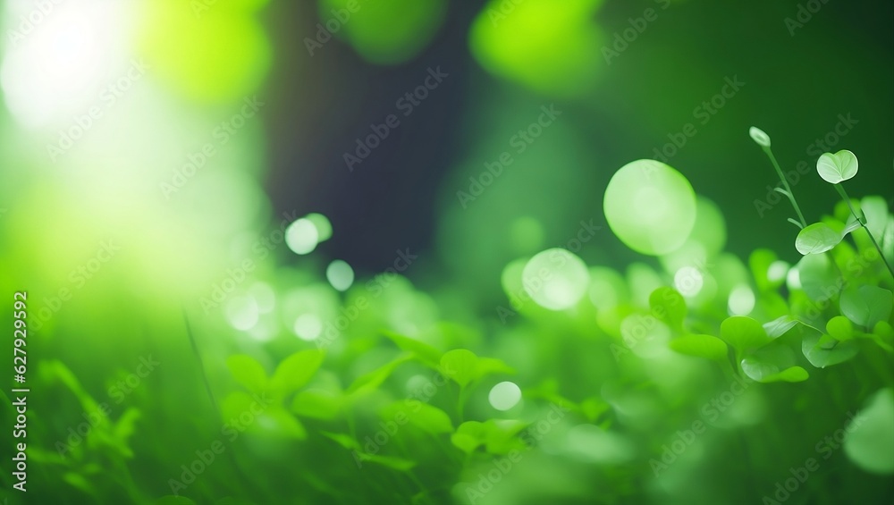 Blurred background. Green nature, leaves with morning sun light bokeh. generative ai