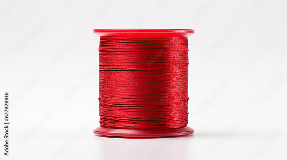 A reel of vibrant red sewing thread is securely insulated in white material, ensuring its quality and protection. A reel of vibrant red sewing thread is securely insulated in white material, ensuring its quality and protection.