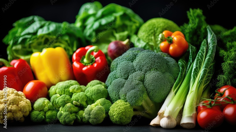 Super fresh vegetables on shelf in market store. Generative AI Super fresh vegetables on shelf in market store. Generative AI