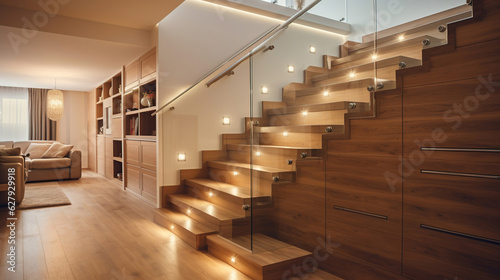 The glossy wooden stairs add a touch of sophistication to the interior design  complementing the overall modern aesthetic.