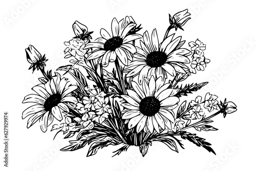 Hand drawn chamomile ink sketch. Daisy bouquet engraving vector illustration.