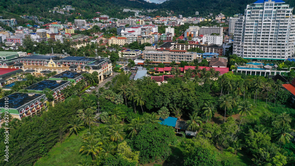 View from above of the city of Patong in Thailand on the island of Phuket with hotels and buildings for tourists