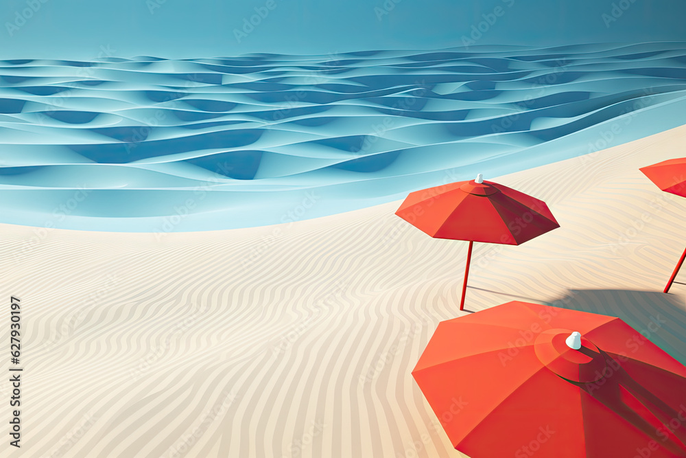 beach umbrella and sea. Orange parasols on the sandy beach and sea view.