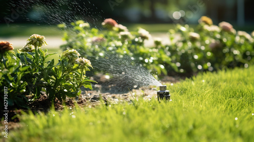 With the plastic sprinkler's help, the flower bed and grass lawn remain lush and green, adding beauty and charm to the garden during the dry season.