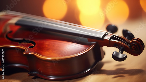 The close-up of the violin showcases intricate details of its elegant design, with shallow depth of field emphasizing the strings and scroll.