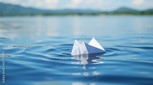A small white origami paper boat gracefully floating on the clear blue river or sea water, under the radiant summer sky.