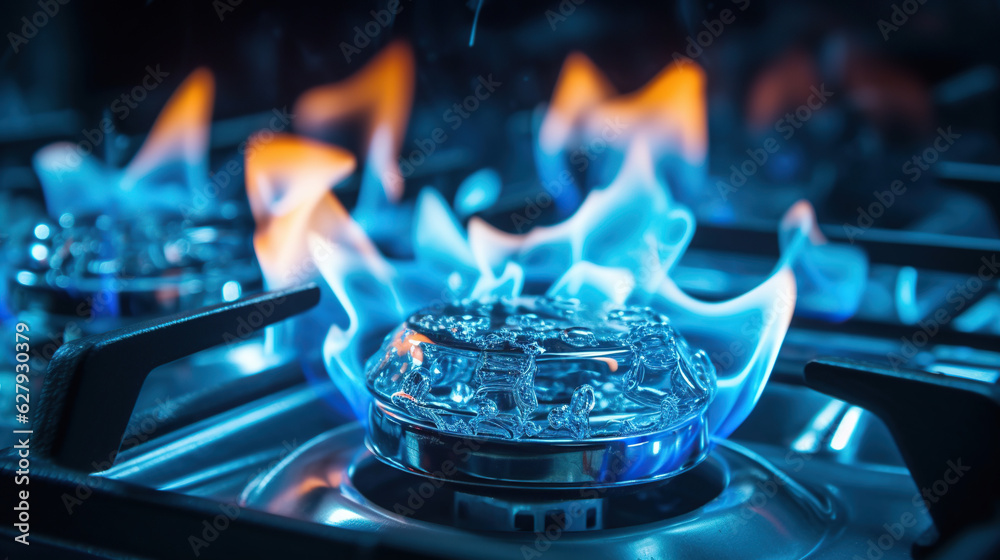 The gas stove emits a vibrant blue flame, indicating its efficient