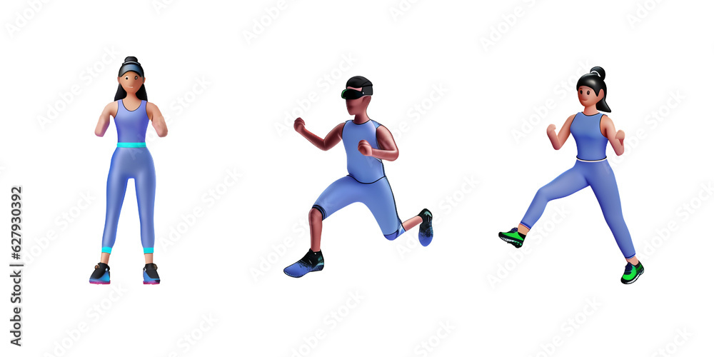 young man and girl dressed in sportswear are doing exercise, 3d character illustration