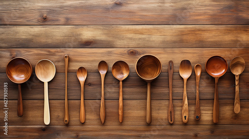 The wooden background displays a collection of old kitchen utensils and bowls.