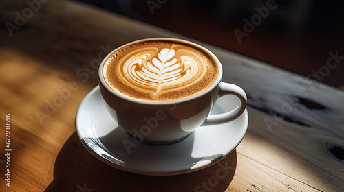 Enjoy a cup of coffee latte with exquisite latte art placed on the wooden table.